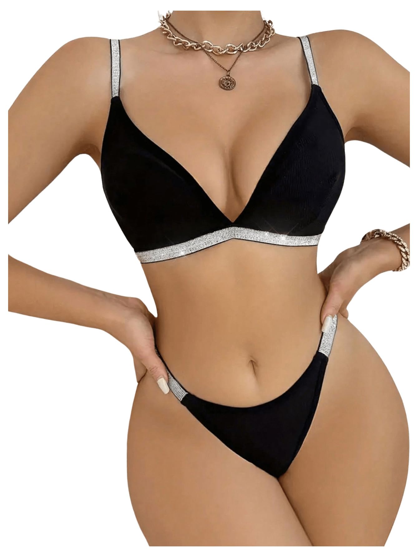 SOLY HUX Lingerie for Women Glitter Bra and Thong Panty Underwear Sets Plain Black X-Large